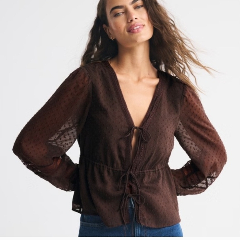 Long-SleeveTie-Front Brown Lace Top Size M - Abercrombie & Fitch NWT